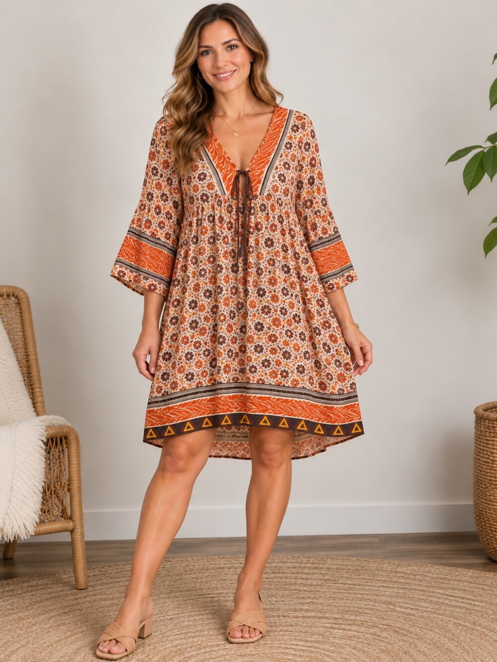 Millenium Boho Floral High-Low Dress Large 100% Rayon Bell Sleeve  EUC A-175